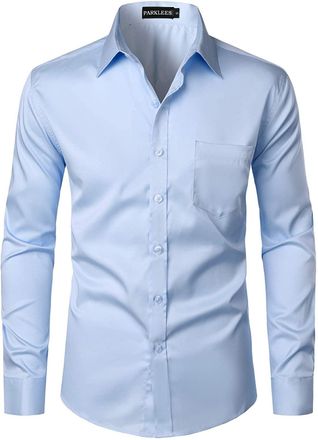 PARKLEES Mens Urban Stylish Casual Business Slim Fit Long Sleeve Button Up Dress Shirt with Pocket EU-PZLCL29 Sky Blue XXX-Large