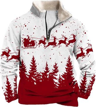 Generic 1/4 Zip Christmas Jumpers for Men UK Long Sleeve Stand Collar Sweatshirt Xmas Tree Reindeer Snowflakes 3D Printed Novelty Nordic Christmas Pullover To