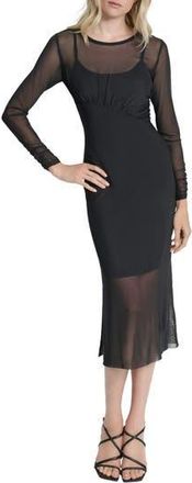 DKNY Long Sleeve Asymmetric Waist Mesh Dress in Black at Nordstrom Rack, Size 10