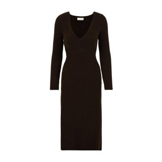 Akep V-hals Lange Jurk - Dames - Kleedjes - Bruin - M - Wol - Kleedjes