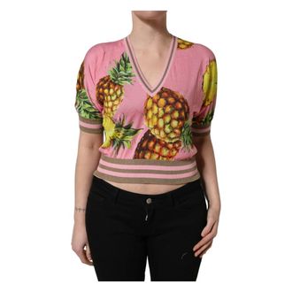 Dolce & Gabbana V-neck Knitwear, female, Pink, Size: 2XS Pineapple V-neck Short Sleeve Cropped Top