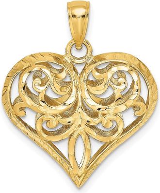 Diamond2Deal 14k Yellow Gold 3-D Diamond-cut Filigree Puffed Heart Charm