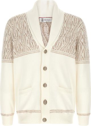 Brunello Cucinelli Beige Jacquard Shawl Neck Cardigan