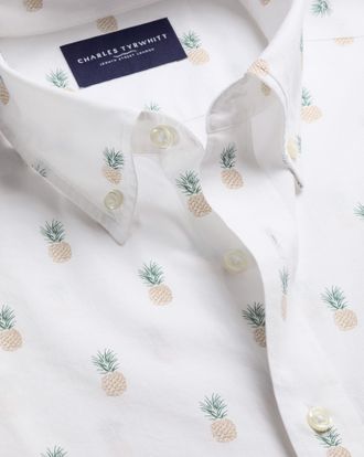 CHARLES TYRWHITT Short Sleeve Stretch Washed Poplin Print Cotton Shirt - White Size Large by Charles Tyrwhitt