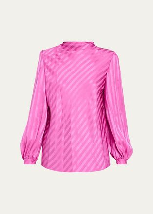 Valentino Garavani V-Logo Striped Silk Jacquard Long-Sleeve Blouse