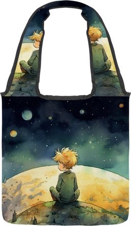 Generic Boy Earth Planet Pattern Reversible Canvas Shoulder Tote - Double-Sided Print, 12oz Cotton, 27cm Drop, Fold-Flat Bag for Travel, Shopping, Street Outi