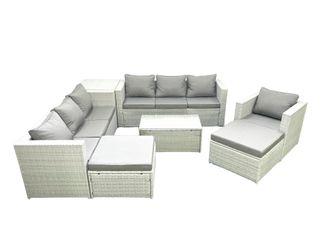 Fimous Wicker PE Rattan Sofa Garden Furniture Set with Armchair Oblong Coffee Table 2 Big Footstools Side Table Light Grey Mixed