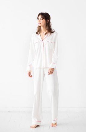 Salua Classic Luxury Pajamas in Brushed Pima Cotton in White/Neon Pink at Nordstrom, Size X-Small