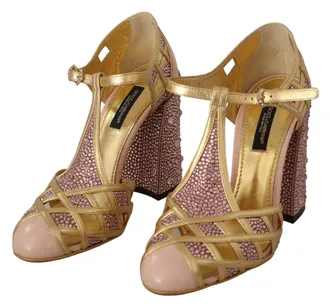 Dolce & Gabbana Pink Gold Leather Crystal Pumps T-strap Womens Shoes