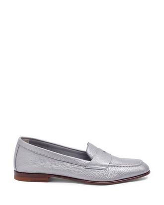 Santoni Womens Tumbled Leather Penny Loafer in Silver at Nordstrom, Size 9.5