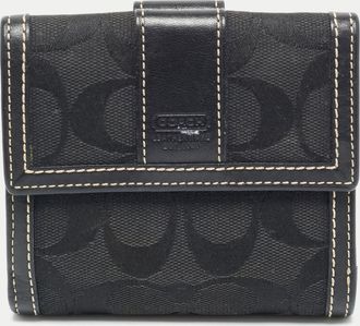 Coach Black Signature Canvas And Leather Flap Compact Wallet