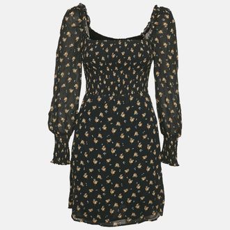Maje Black Floral Print Crepe Smocking Detail Mini Dress