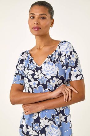 Roman Floral Puff Print V-Neck Top