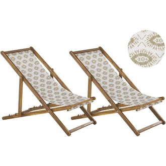 Beliani Set of 2 Folding Deck Chairs ANZIO with Replacement Fabrics Abstract Motif Acacia Wood Light Brown