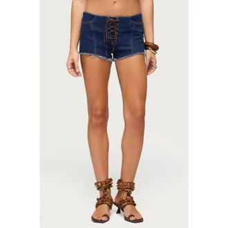 Edikted Svea Fringe Trim Denim Lace-Up Shorts in Dark-Blue at Nordstrom, Size X-Large