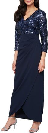 S.L. Fashions Sequin Bodice Scuba Crepe Mixed Media Gown in Navy at Nordstrom, Size 16