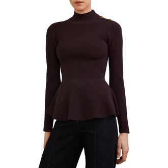 Reiss Isabella Rib Mock Neck Peplum Top in Burgundy at Nordstrom, Size X-Small