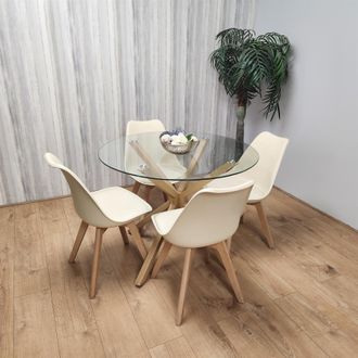 Kosy Koala Round Glass Dining Table Set With 4 Cream Plastic Chairs Dining Room Furniture in Brown