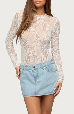 Edikted Rosalinda Lace Sheer Bodysuit in White at Nordstrom, Size X-Small