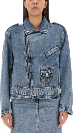 Moschino Blue Solid Shirt Collar Jacket