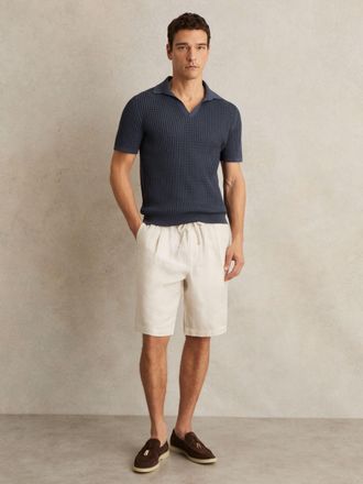 Reiss Dark Airforce Blue Micro-cable Open-collar Cotton-blend Shirt, XL