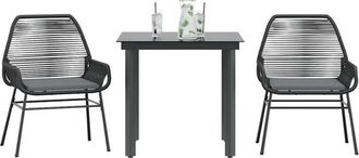 vidaXL Set Comedor Jard&iacute;n 3 Pzas Cojines Rat&aacute;n Sint&eacute;tico Vidrio Negro Vidaxl