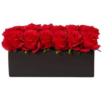 Nearly Natural Dozen Artificial Roses in Ceramic Rectangular Planter in Red at Nordstrom
