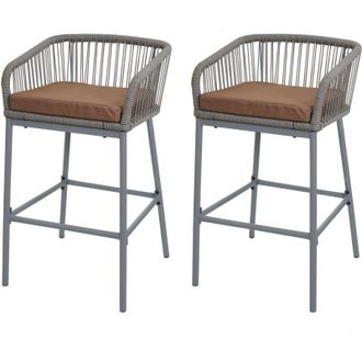 Hhg Juego De 2 Taburetes De Bar De Cuerda Hhg-994, Taburete De Mostrador, Asiento De Exterior De Cuerda De Metal, Gris Claro, Coj&iacute;n Topo