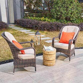 Direct Wicker 3-Piece Outdoor Garden Bistro Set, Rattan Chairs with a White Concrete Side Table in Natural | Size: 2 Pack