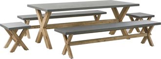 Beliani Conjunto De Comedor Para Jard&iacute;n De Cemento Reforzado Gris Con Patas De Madera Para 8 Personas Mesa 2 Bancos 2 Taburetes Olbia