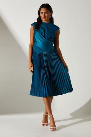 Coast Satin Cross Front Peplum Detail Pleat Skirt Midi Dress