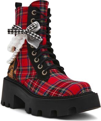 Betsey Johnson Hariett Combat Boot in Red Plaid at Nordstrom, Size 9.5