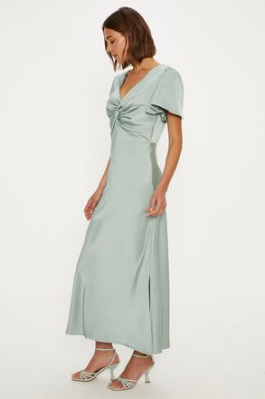Oasis Womens Satin Twist Front Angel Sleeve Midi Bridesmaids Dress - Sage Green - Size 10 UK
