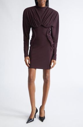 Stella McCartney Pleated Long Sleeve Crepe Jersey Minidress in Chocolate at Nordstrom, Size 10 Us