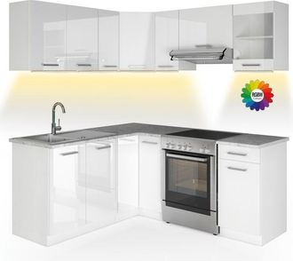 Vicco Cucina angolare completa Rick, Bianco/bianco lucido, 187 x 167 cm, pl Marmo con striscia led