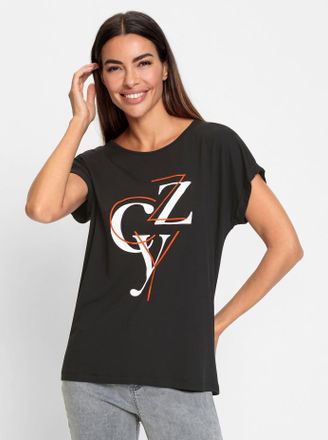 Heine T-Shirt HEINE Shirt, Damen, Gr. 34, schwarz (schwarz, ecru, bedruckt), 95% Viskose, 5% Elasthan, bedruckt, gemustert, mehrfarbig, Rundhals, Shirts T-S