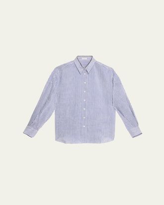 Brunello Cucinelli Stripe Button Down Linen Shirt with Piping Collar