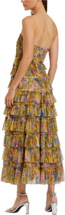 Mac Duggal Printed Mesh Ruffle Strapless Midi Dress in Yellow Multi at Nordstrom, Size 10