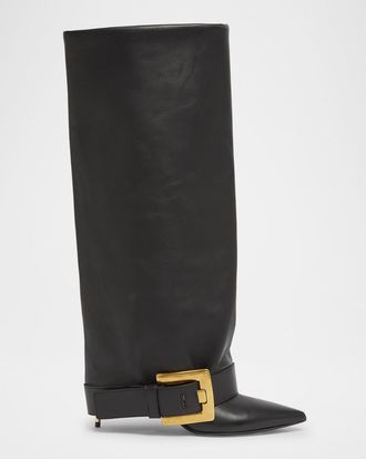 Balmain Anthem Leather Buckle Knee-High Boots