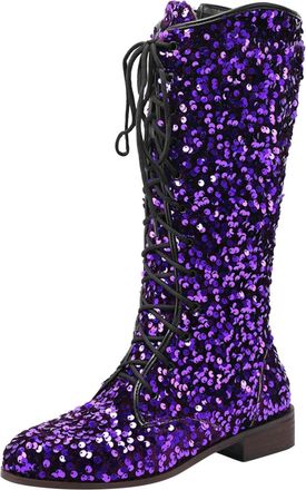 Generic Winter Women Retro Pattern Fashion Mid Calf Boots with Sequin Decoration Lace Up Design Comfortable Thick Low Heels Footwear (Purple, 5. 5)