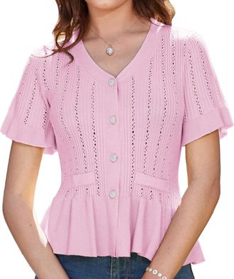Grace Karin Womens Casual Summer Short Sleeve V-Neck Knitted Cardigan Waist Ruffled Hem Cardigan Button Cardigan Outing Cardigan Pink XXL