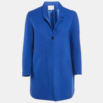 Maje Navy Blue Textured Cotton Blend Overcoat