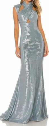 Dress The Population Metallic Sculpted Neck Gown In Silver Blue