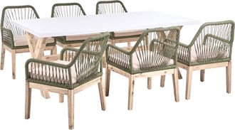 Beliani Conjunto De Comedor Exterior Con Sillas Mesa Tablero De Hormig&oacute;n Patas De Madera 6 Sillas De Polipropileno Cojines Blanco Verde Oliva Olbia