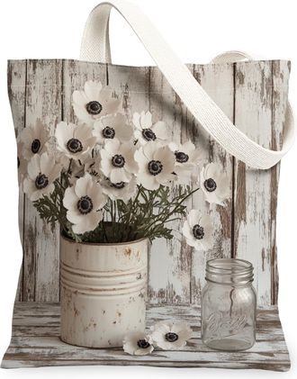 Generic Spring Anemones Flower Canvas Tote Bag for Shopping 13x15, Farmhouse Rustic Florals Reusable Grocery Print Pattern Bag for Women, Country Beach Aesthe