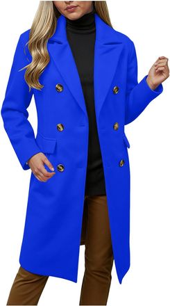 Generic Womens Coats Winter Double Breasted Wool Blend Jacket Causal Lapel Collar Button Jacket Ladies Long Sleeve Tops Length Overcoat Warm Outerwear Coat Th