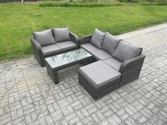 Fimous Outdoor Rattan Garden Furniture Set Patio Lounge Sofa Set with Rectangular Coffee Table Big Footstool Dark Grey Mixed