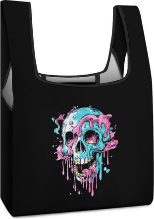 Generic Dripping Trans Pride Skull Transgender Reusable Shopping Bags Lightweight Foldable Grocery Bag Polyester Washable Tote Bag