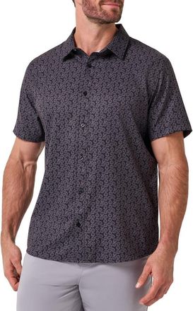 Travis Mathew Techwoven Sunlight Floral Short Sleeve Performance Button-Up Shirt in Black at Nordstrom, Size Xx-Large