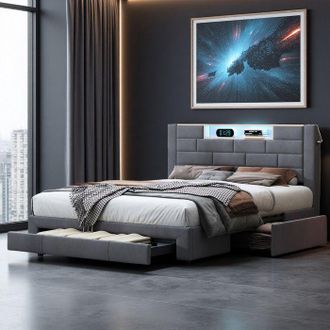OEM Cama 140x200 Cm - Escandinava - Terciopelo Gris - Led Integrada Y Usb - 3 Cajones